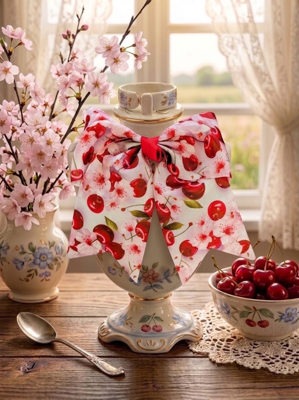 Large Size Cherry And Blossoms Themed Hairbow